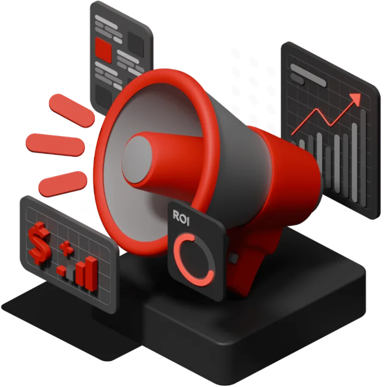 Digital marketing illustration of a red megaphone with ad, analytics and growth chart screens